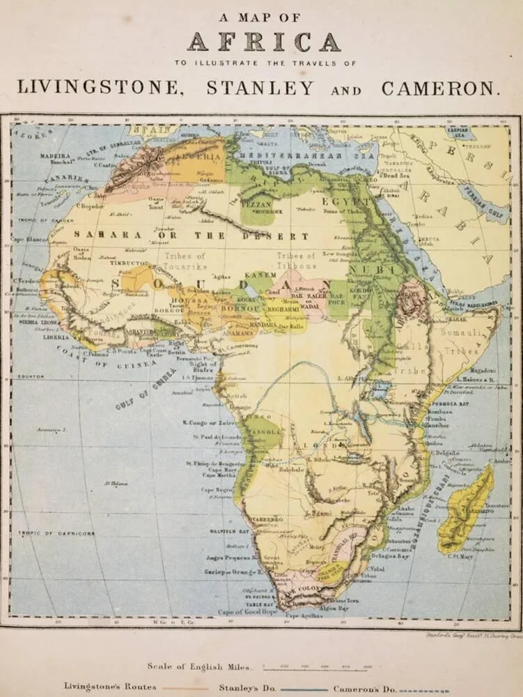 Historic map illustrating the journeys of Livingstone, Stanley and Cameron